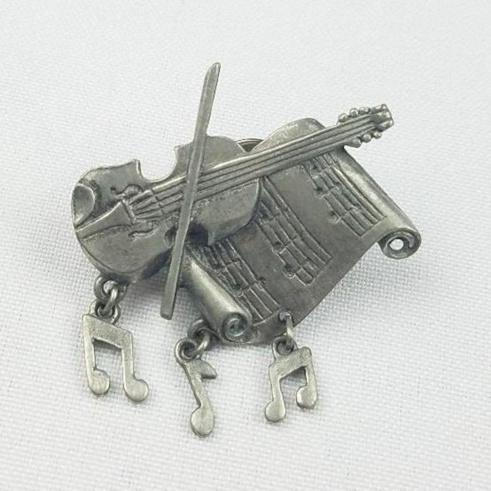 Vintage LCD brooch pin silver tone music notes Chello charms musicen